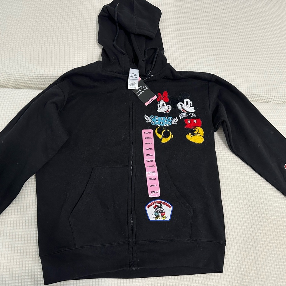 NWT Women’s Fleece Hoodie BLACK Mickey and Minnie  sz S